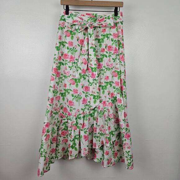 Hill House Mirabel Wrap Roses Print Midi Skirt M White Pink Green Ruffle Floral - Picture 2 of 11